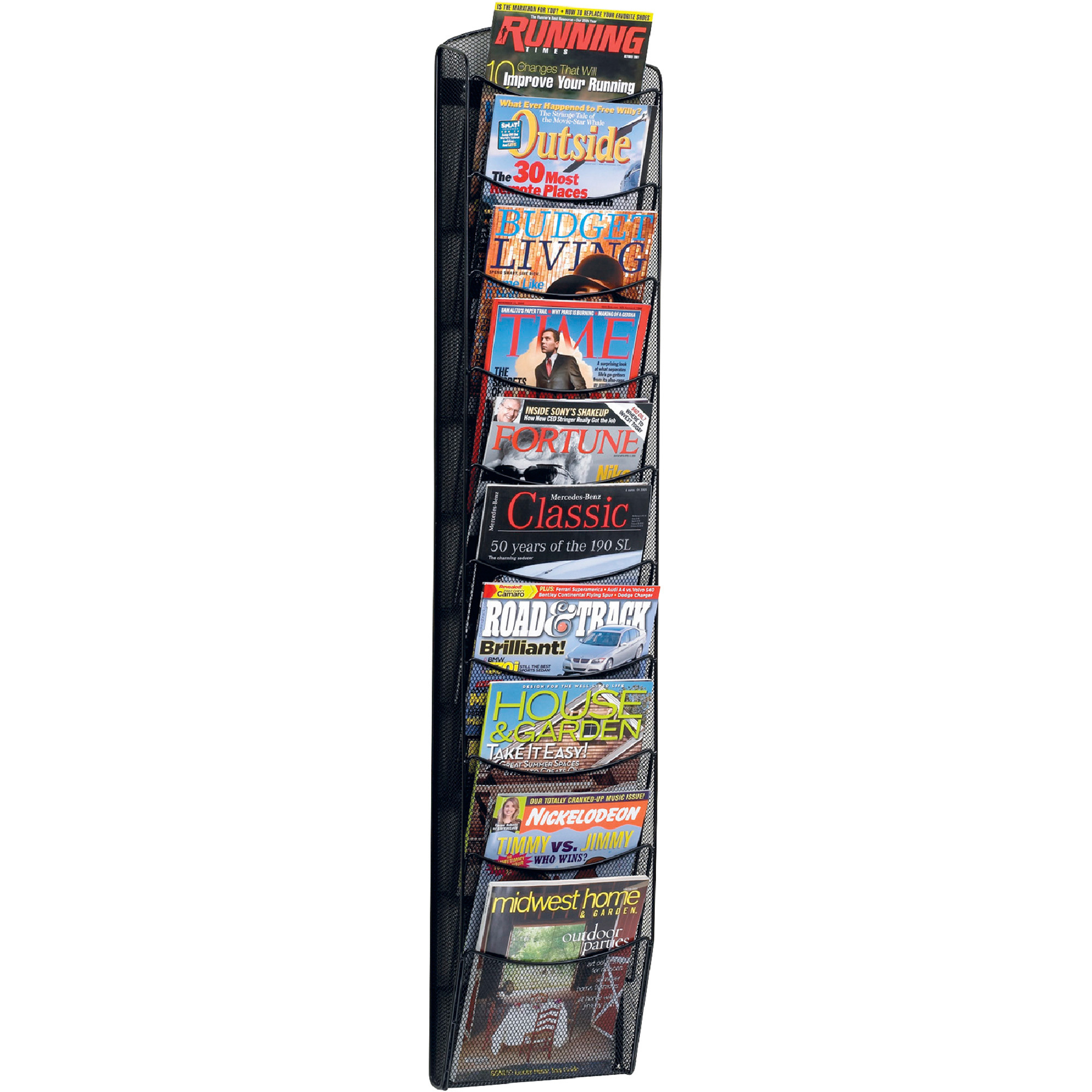 Safco Onyx 10-Pocket Steel Mesh Magazine Rack, Black, 10 1/4in.W x 3 1/2in.D x 50 3/4in.H